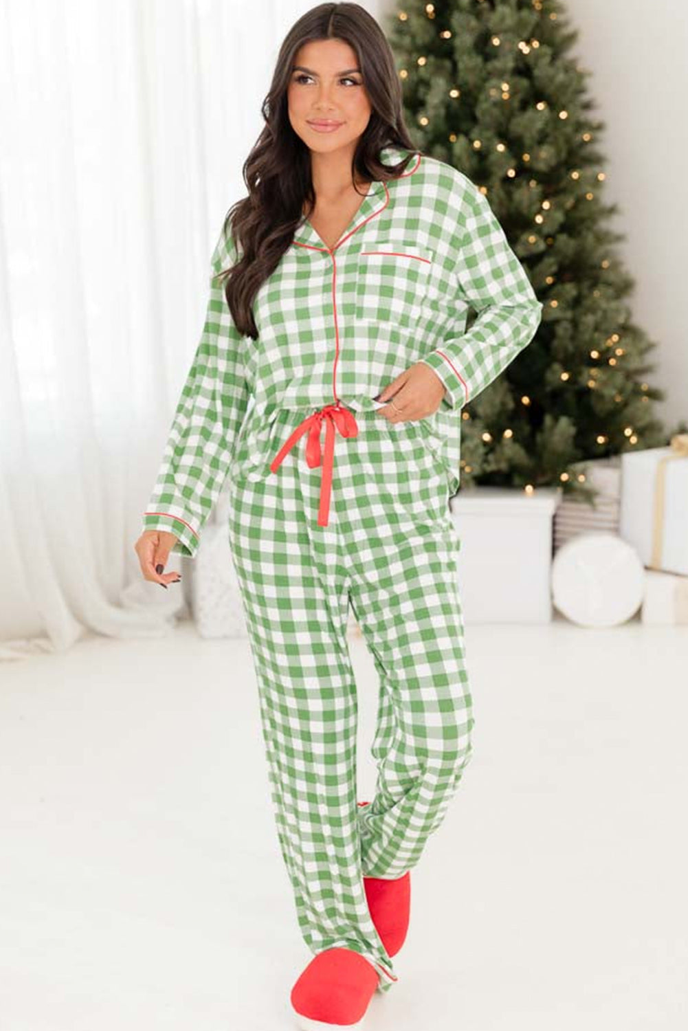 Belle, Plaid Print Shirt and Drawstring Pants Pajama Set