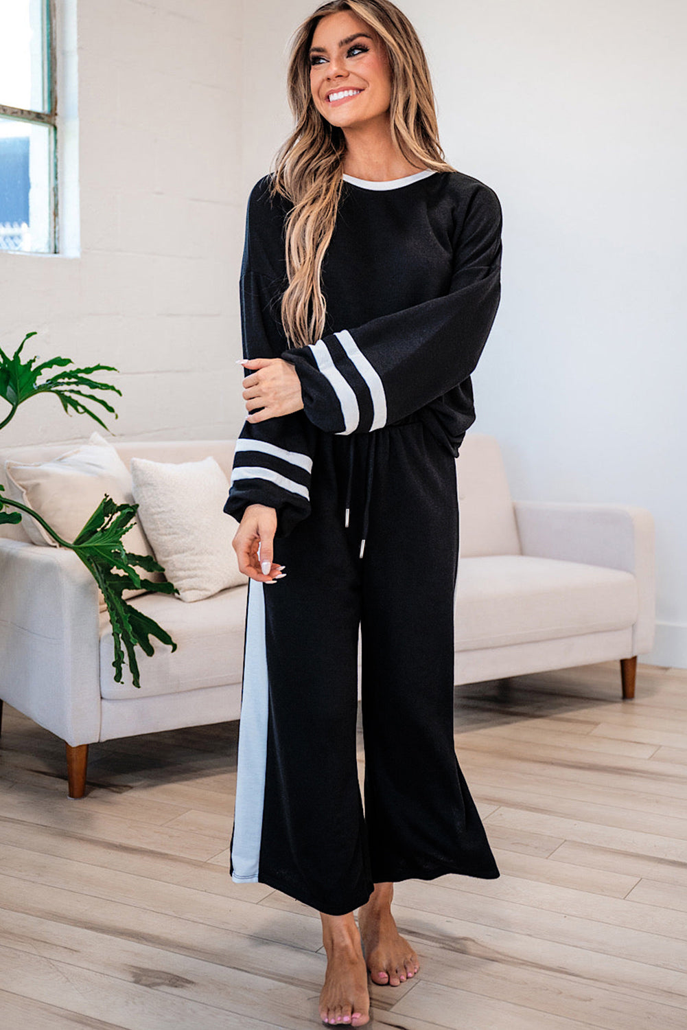 Trim Long Sleeve Pullover and Pants Set
