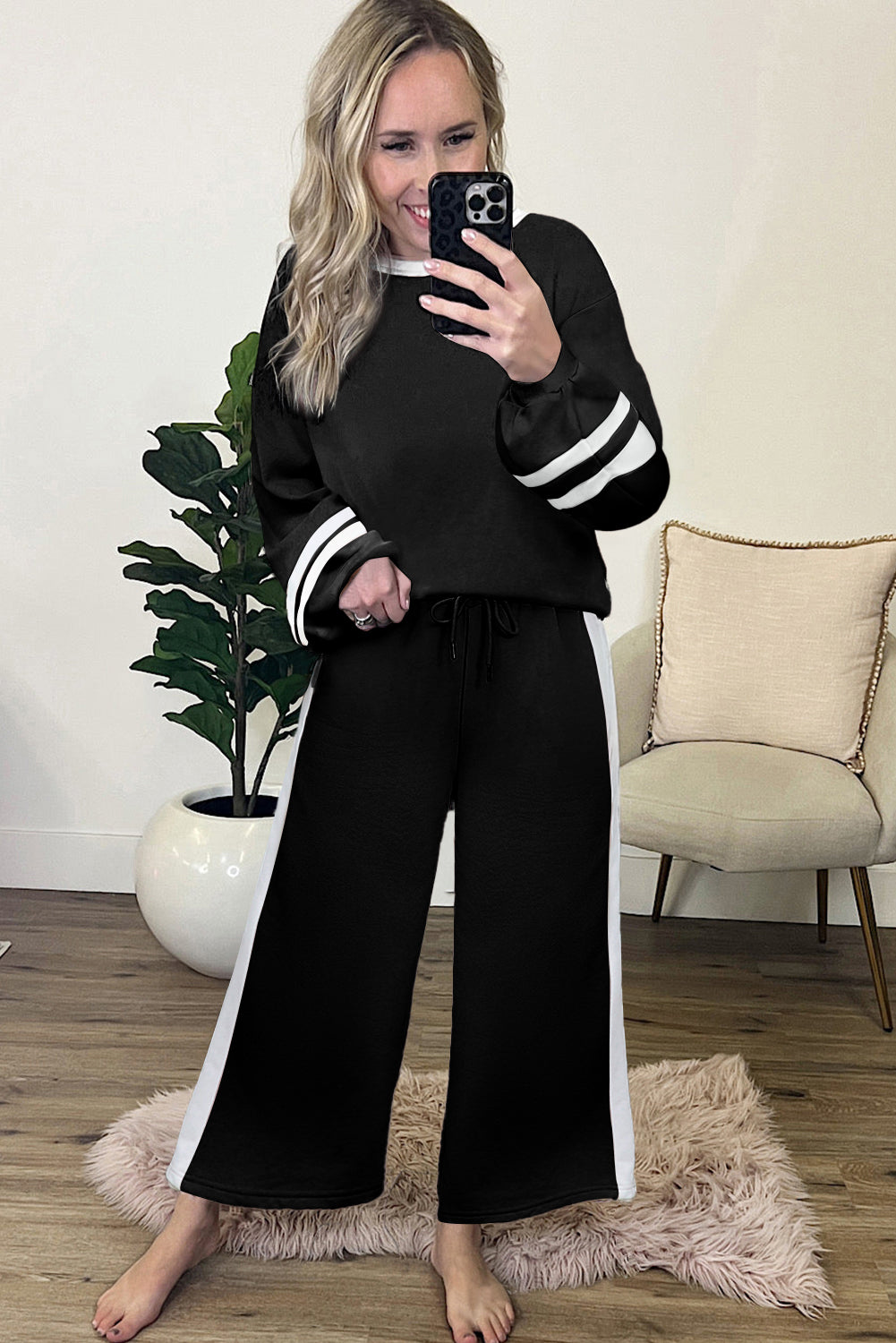 Trim Long Sleeve Pullover and Pants Set