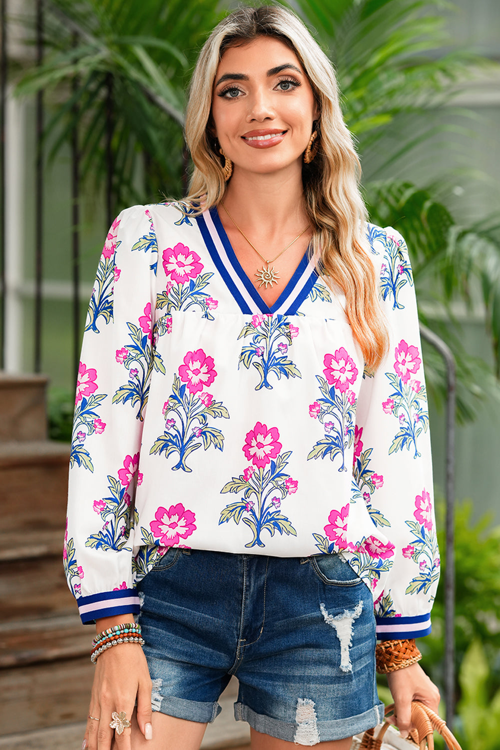 White Floral Print Pop of Color V-neck Long Sleeve Blouse