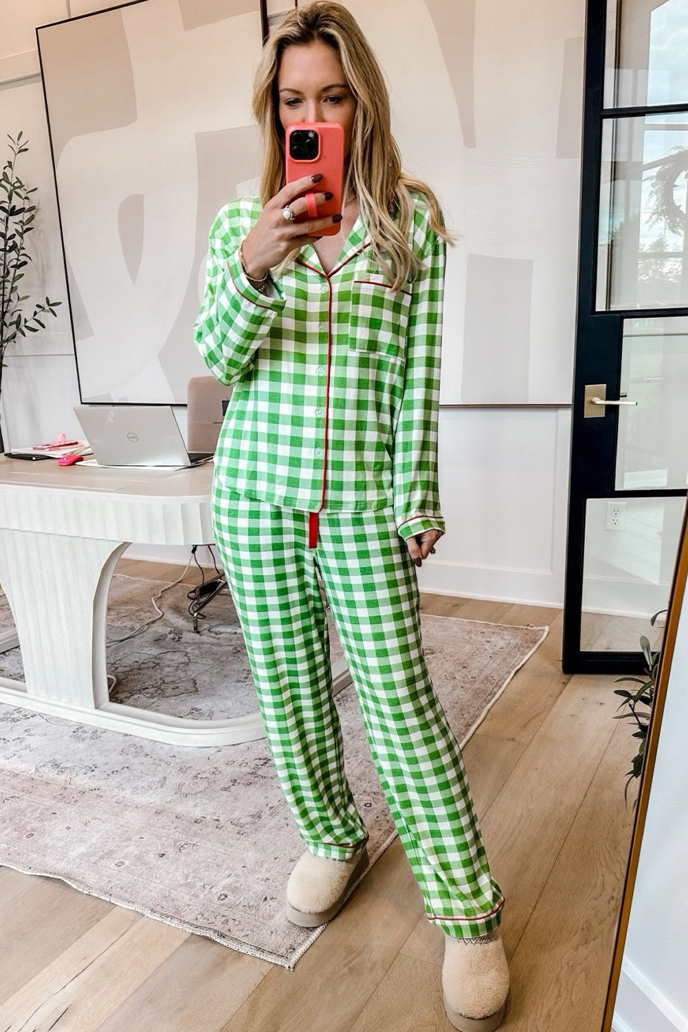 Belle, Plaid Print Shirt and Drawstring Pants Pajama Set