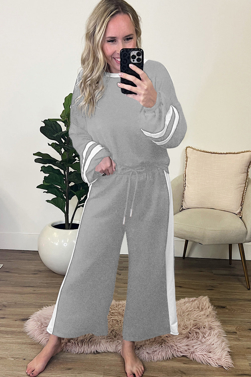 Trim Long Sleeve Pullover and Pants Set