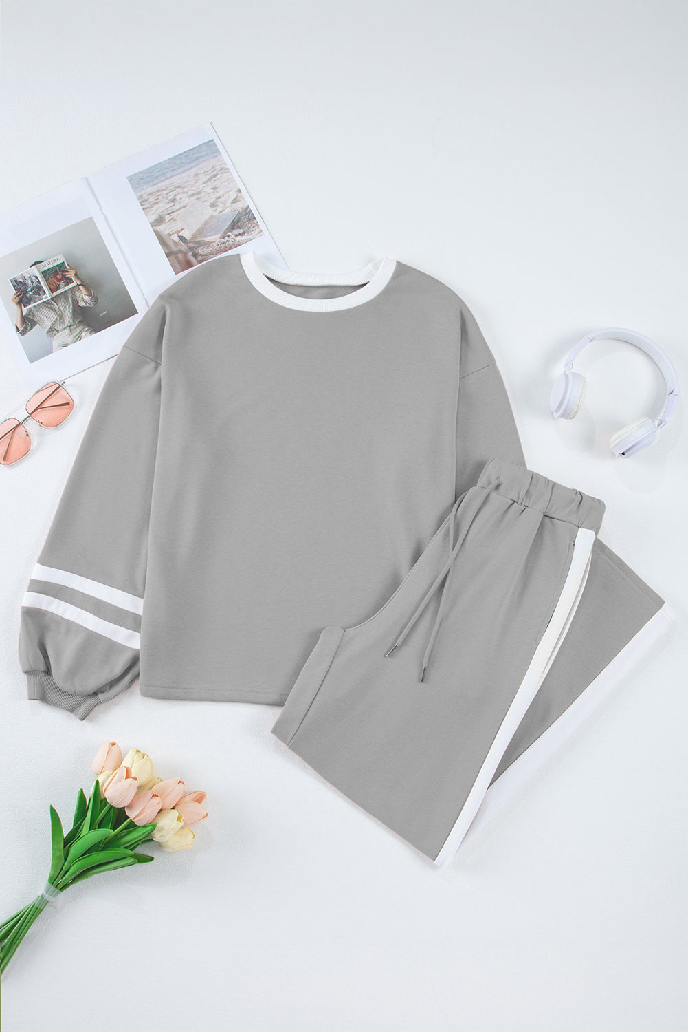 Trim Long Sleeve Pullover and Pants Set