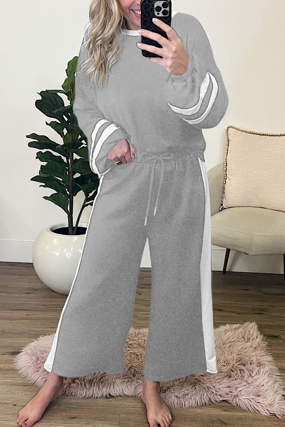 Trim Long Sleeve Pullover and Pants Set