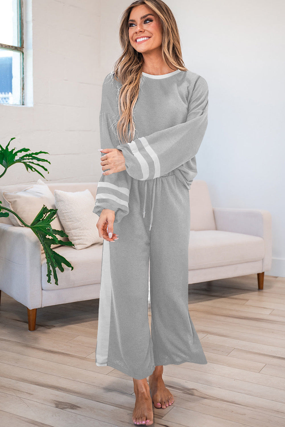 Trim Long Sleeve Pullover and Pants Set