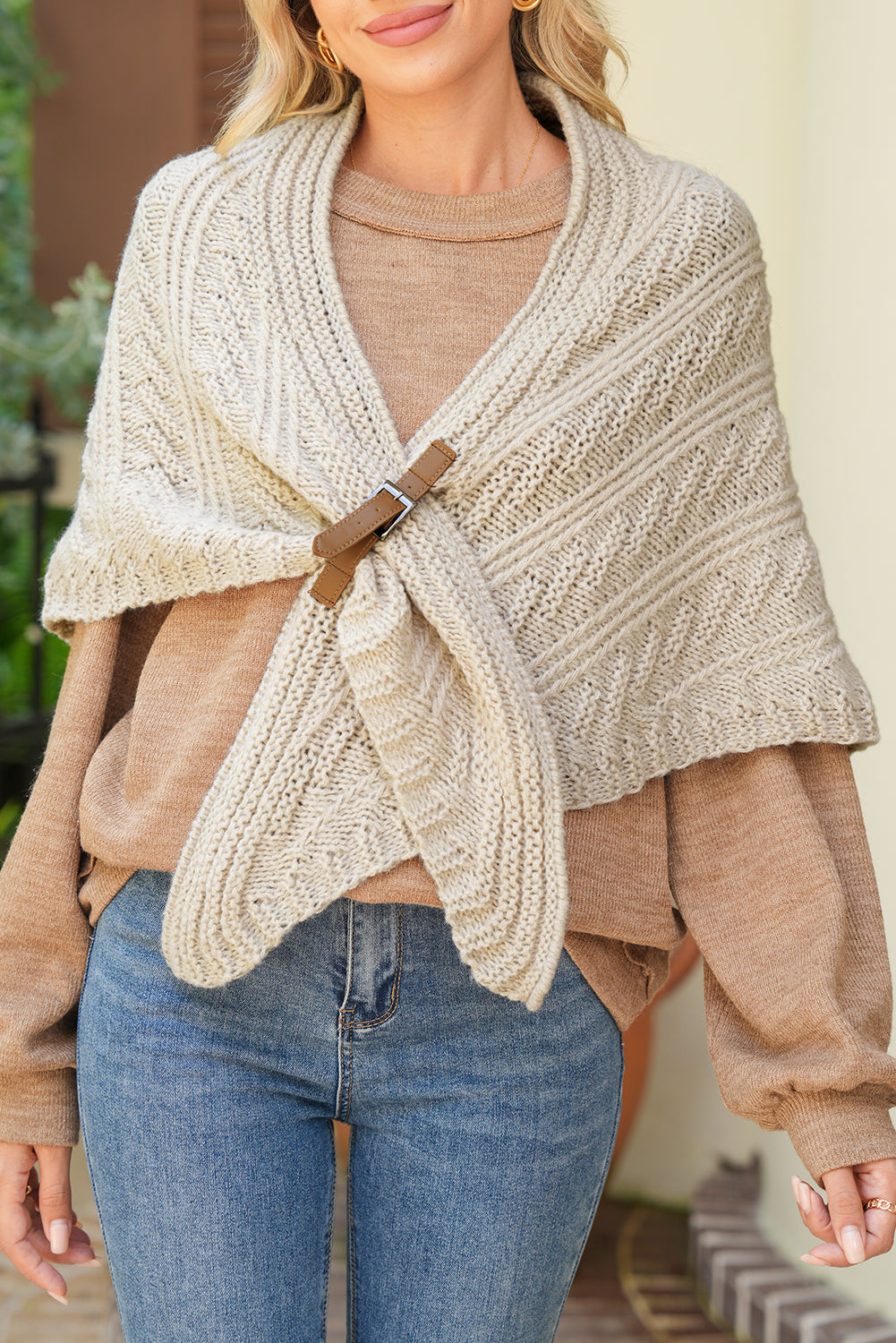 Parchment Knitted Triangle Shawl Tippet With Buckle