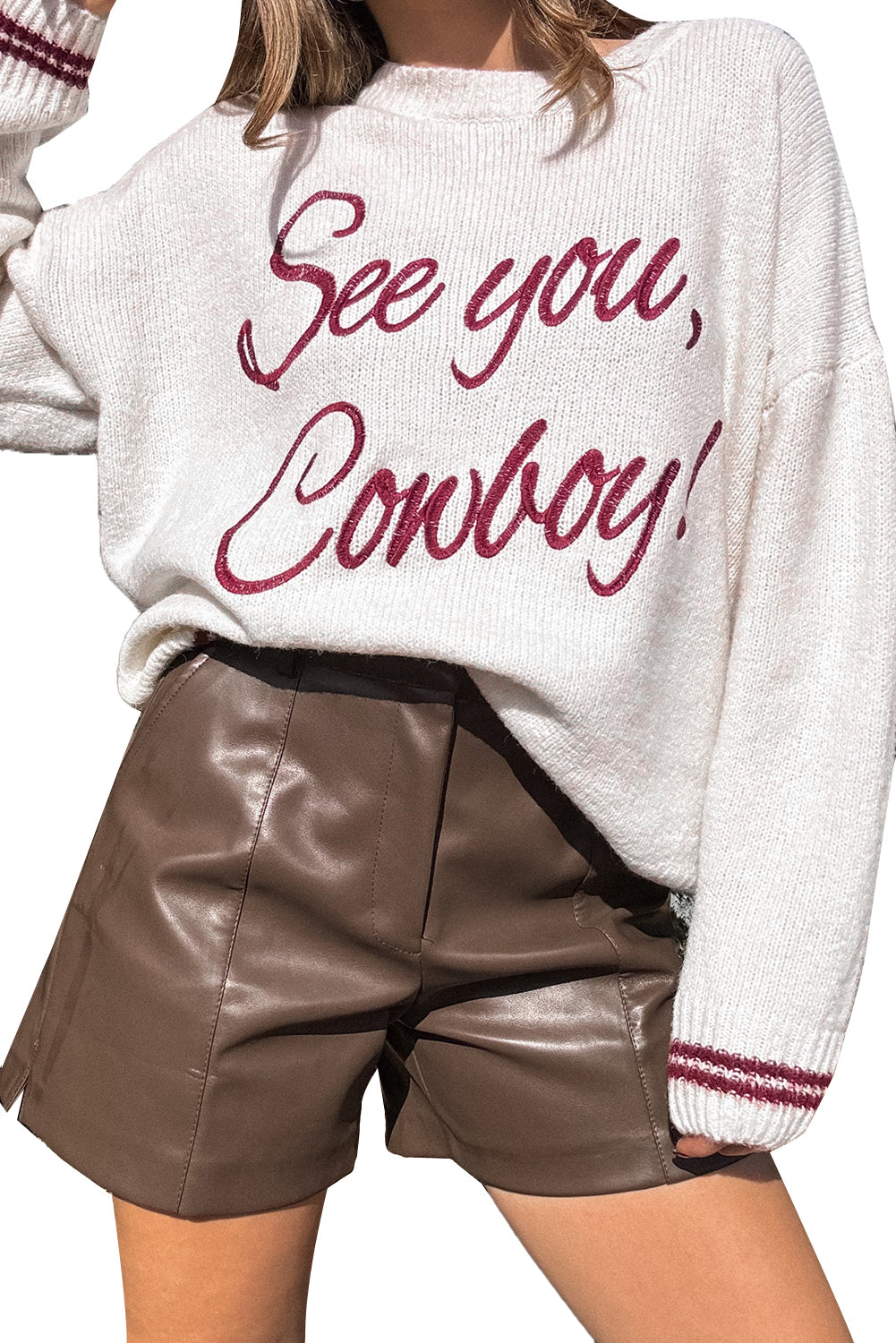 White Letter Embroidered Graphic Sweater