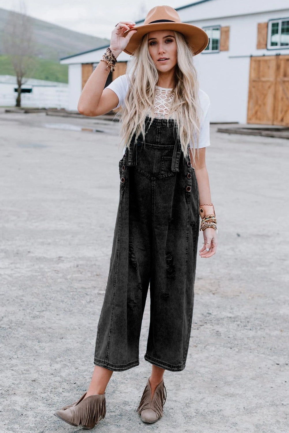 Blakely, Stone Blue Distressed Bib Pocket Wide Leg Denim Overall