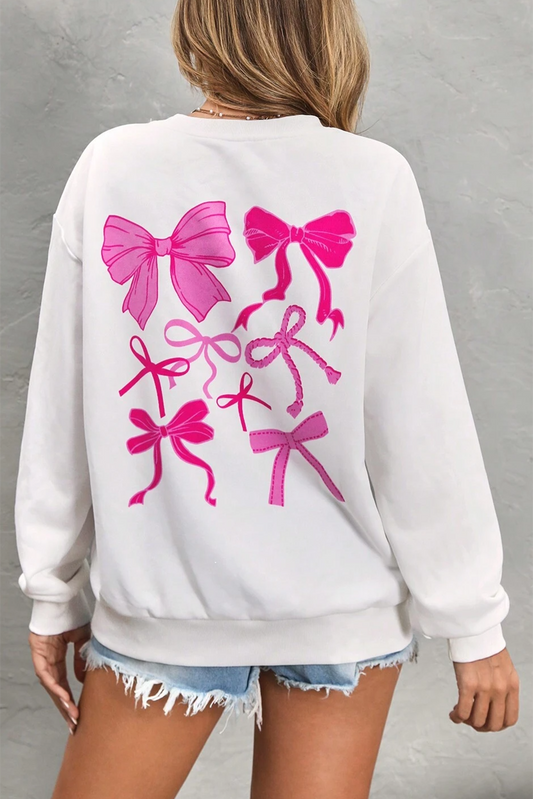 White Bow Graphic Casual Crewneck Sweatshirt