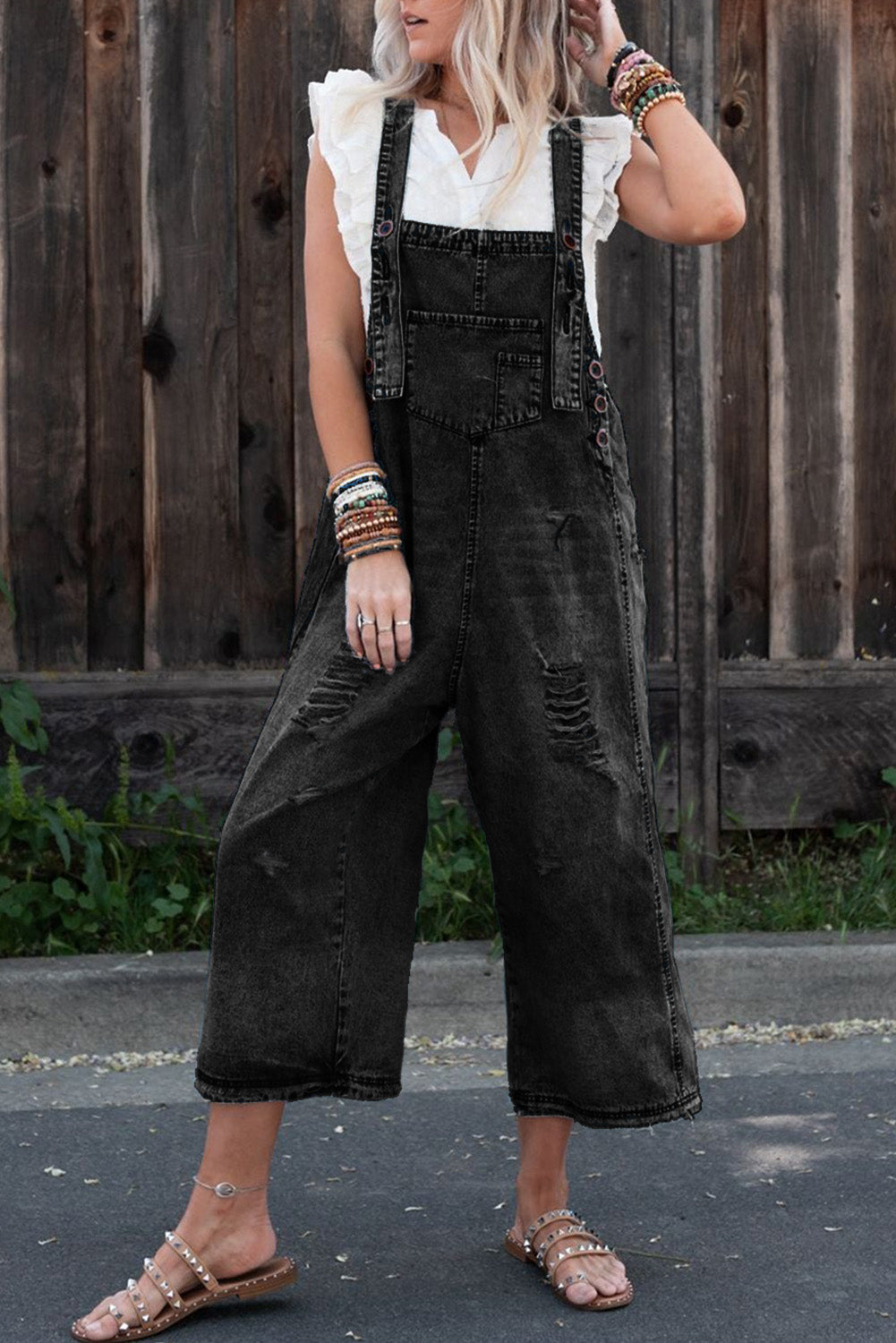 Blakely, Stone Blue Distressed Bib Pocket Wide Leg Denim Overall