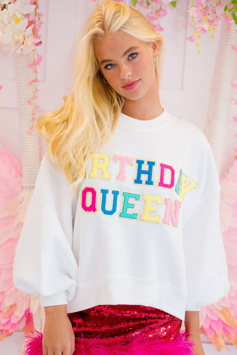 BIRTHDAY QUEEN Graphic Lantern Sleeve Sweatshirt