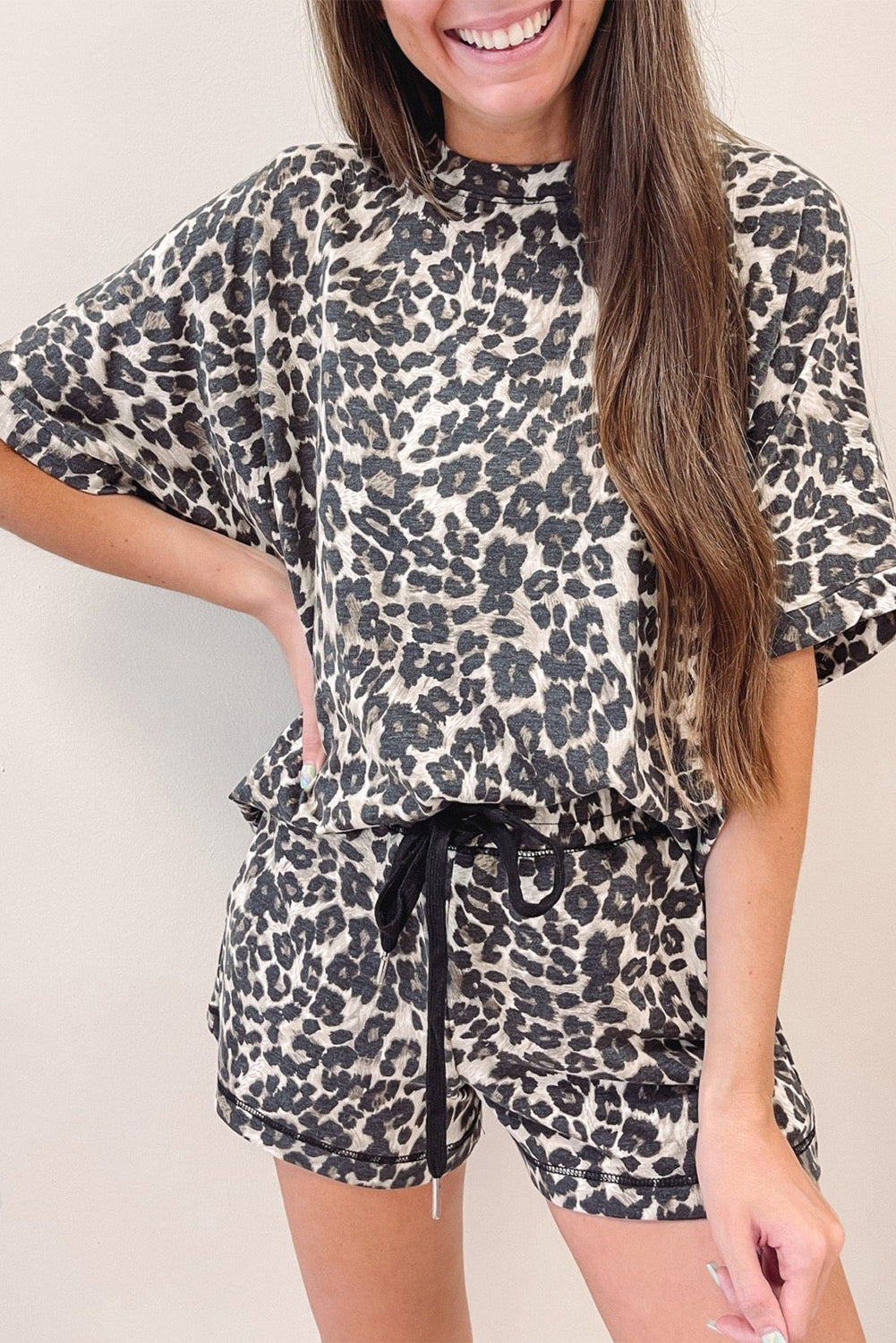 Leopard Print Tee and Shorts Pajama Set