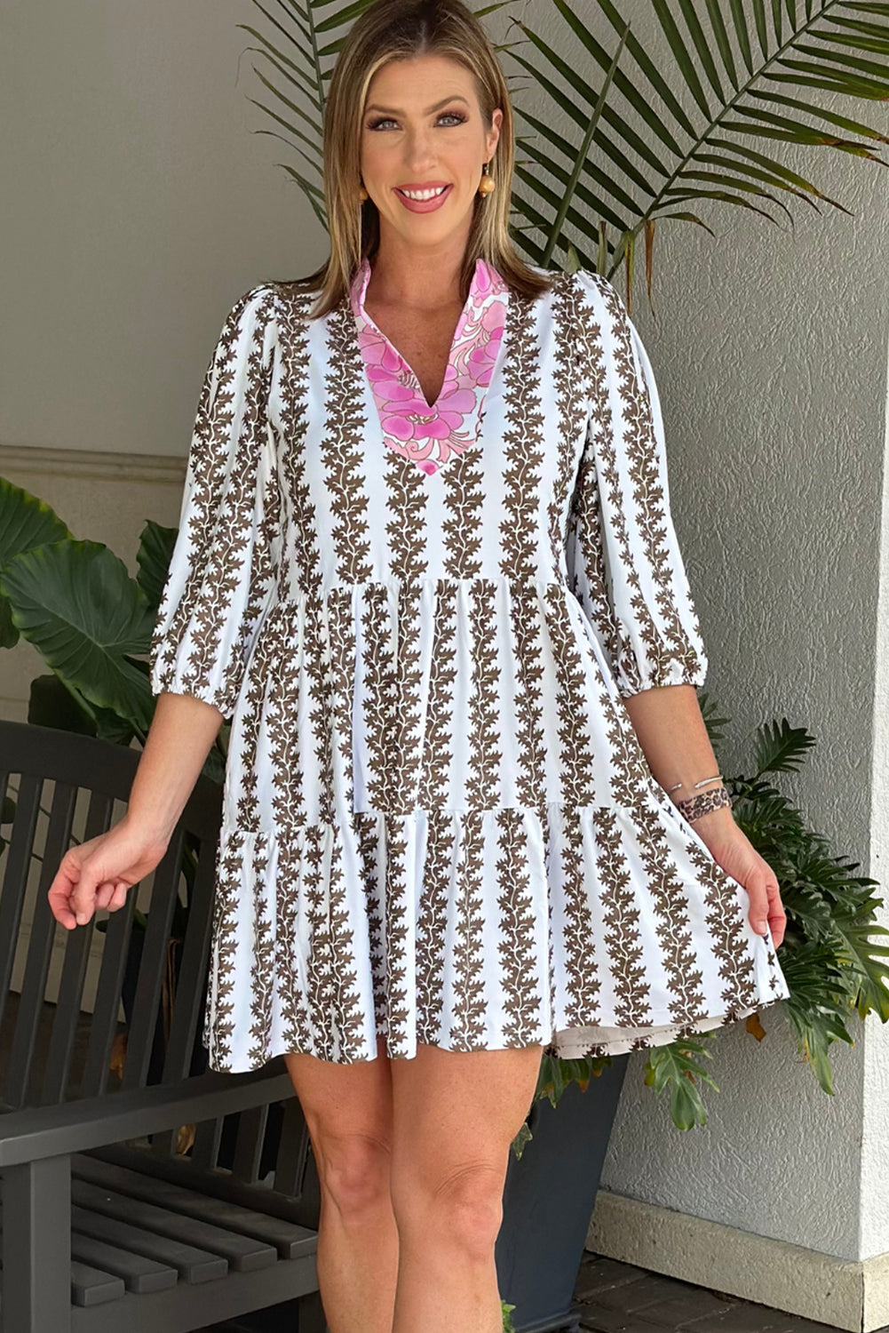 Brynn, Print V Neck Tiered Mini Dress