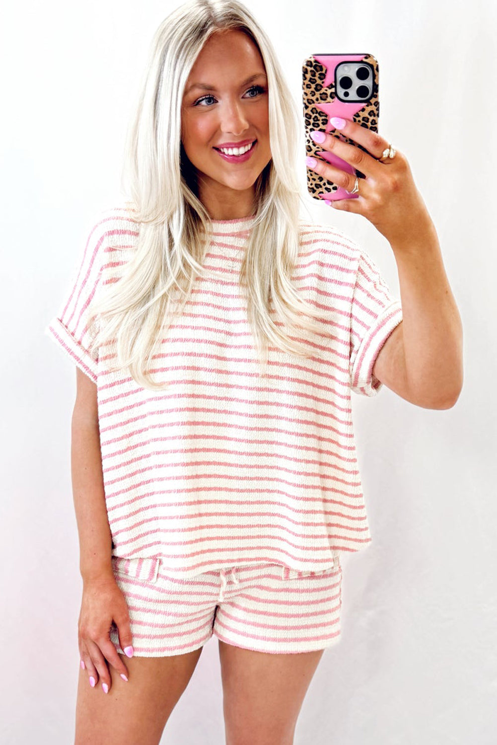 Madison, Pink Striped Print Short Sleeve Top and Pocket Shorts Set