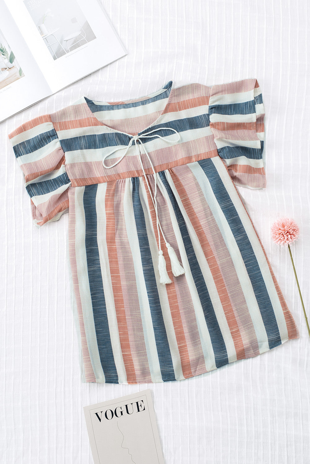 Erika, Pink and Blue Stripes Shirt Flutter Sleeve V Neck Blouse