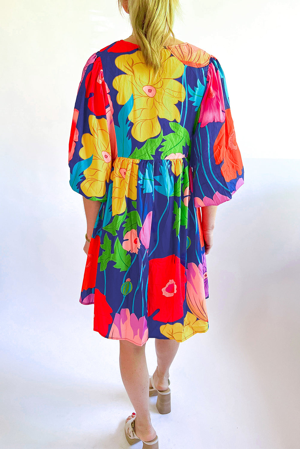 Londyn, Puff Sleeve Tied Split Neck Colorful Floral Flowy Dress