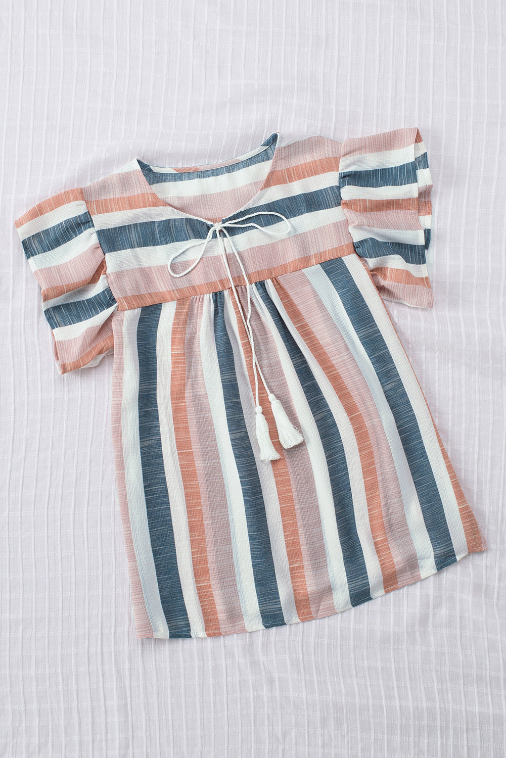 Erika, Pink and Blue Stripes Shirt Flutter Sleeve V Neck Blouse