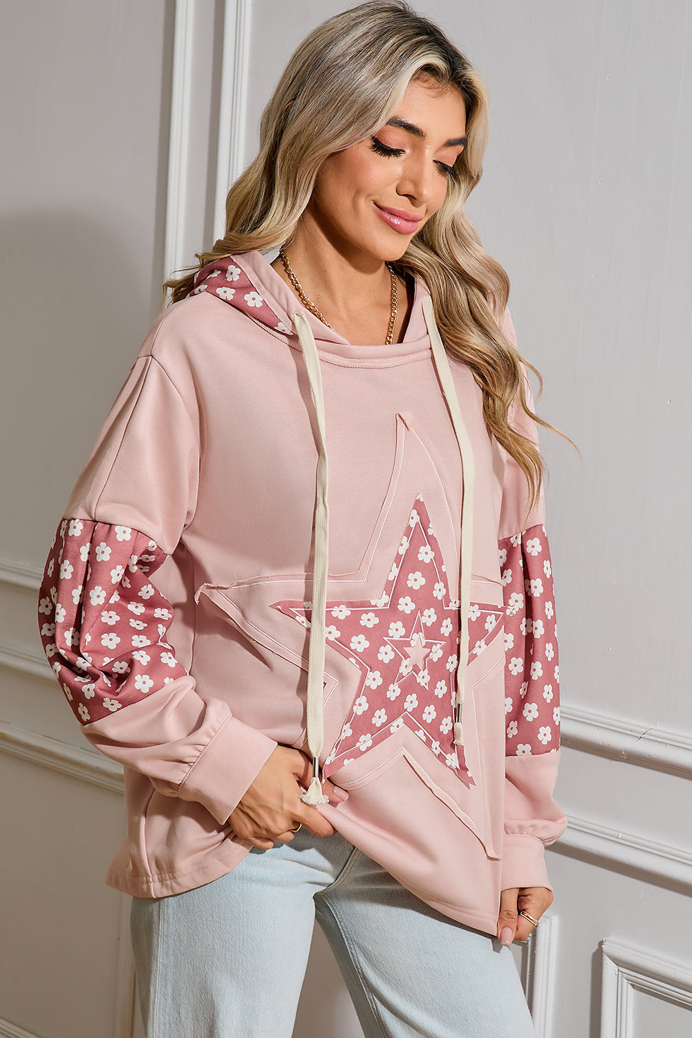 Alison, Floral Patchwork Star Pattern Drawstring Hoodie