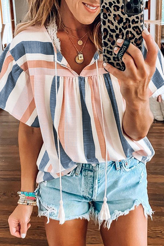 Erika, Pink and Blue Stripes Shirt Flutter Sleeve V Neck Blouse