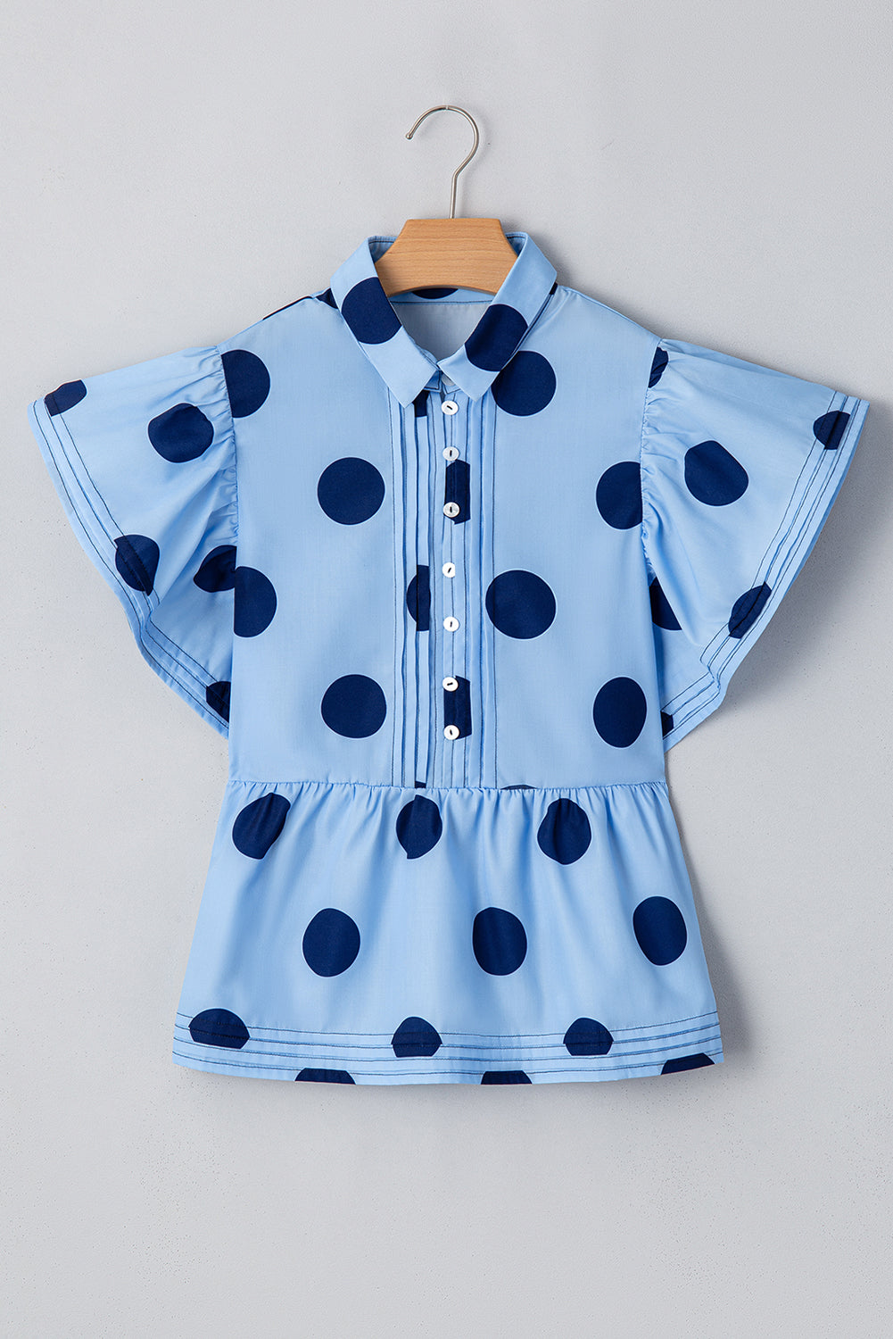 Taylor, Sky Blue Polka Dot Print Ruffled Short Sleeve Buttoned Collared Blouse