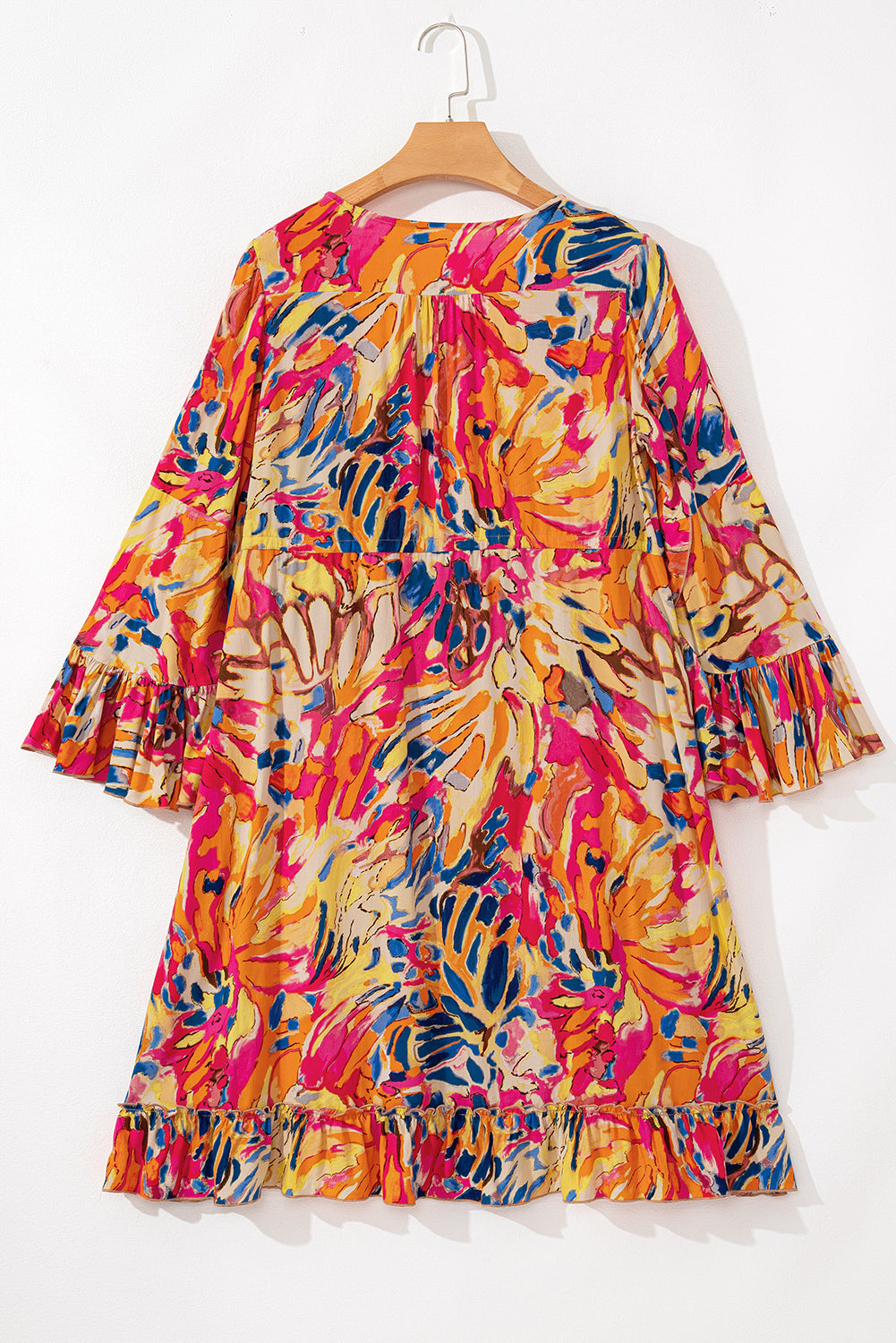 Charlie, Tropical Print Flared Sleeve Ruffle Hem High Waist Flowy Dress