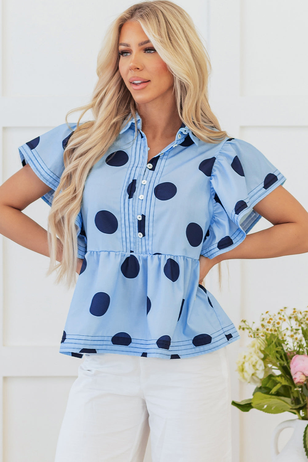 Taylor, Sky Blue Polka Dot Print Ruffled Short Sleeve Buttoned Collared Blouse