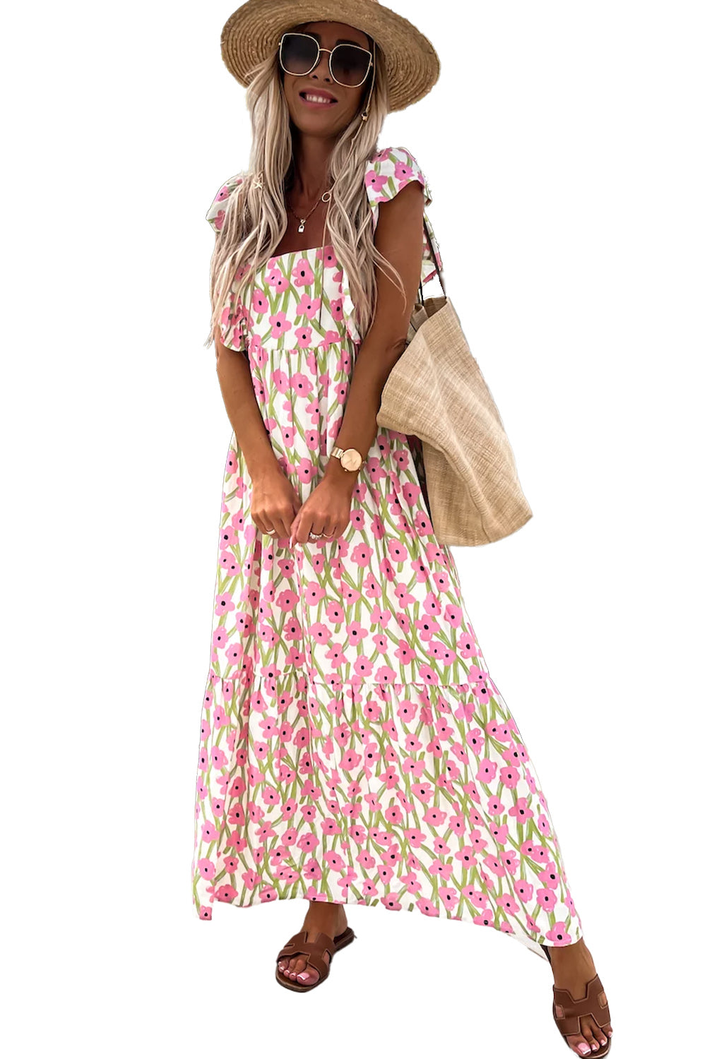 Piper, Pink Floral Print Square Neck Ruffled Strap Maxi Dress