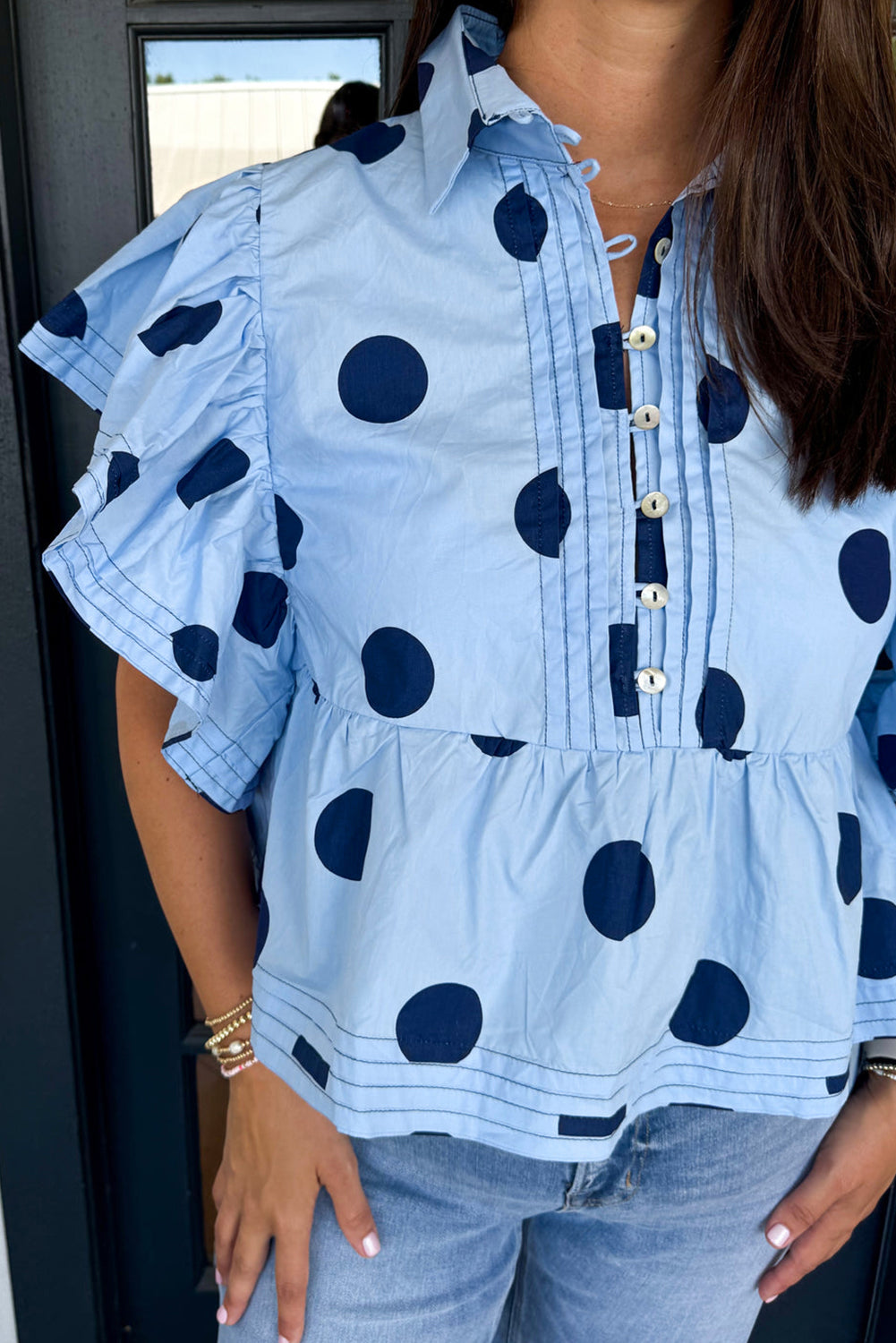 Taylor, Sky Blue Polka Dot Print Ruffled Short Sleeve Buttoned Collared Blouse