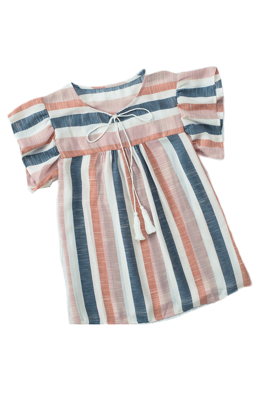 Erika, Pink and Blue Stripes Shirt Flutter Sleeve V Neck Blouse