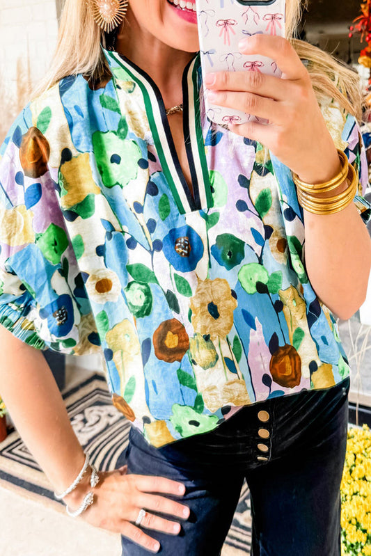 Courtney, V-Neck Floral Print Boho Blouse