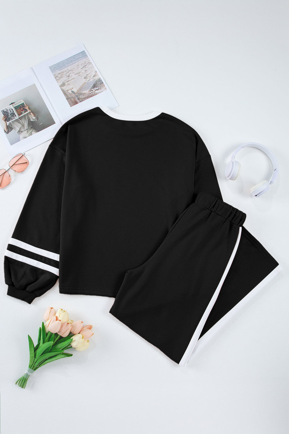 Trim Long Sleeve Pullover and Pants Set