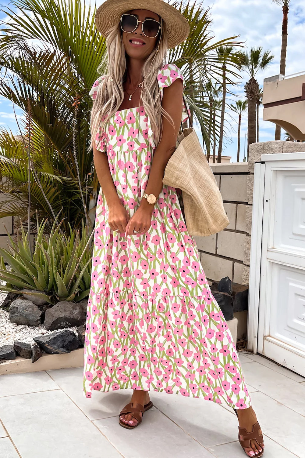 Piper, Pink Floral Print Square Neck Ruffled Strap Maxi Dress