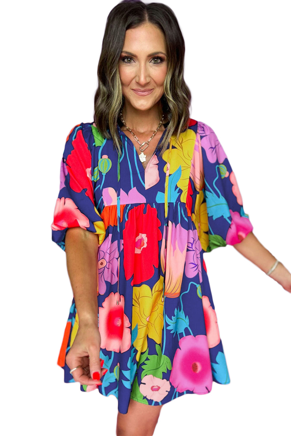 Londyn, Puff Sleeve Tied Split Neck Colorful Floral Flowy Dress