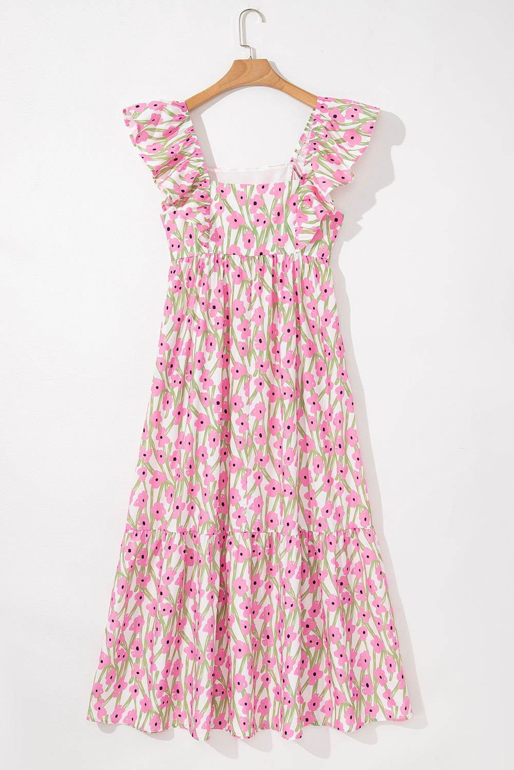 Piper, Pink Floral Print Square Neck Ruffled Strap Maxi Dress