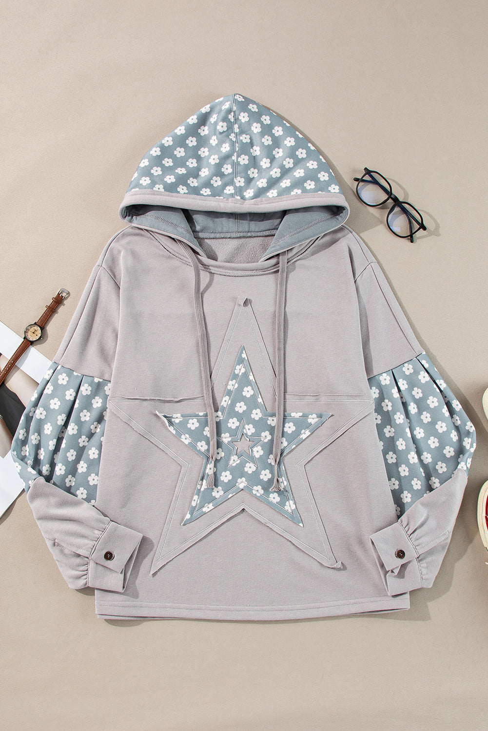 Alison, Floral Patchwork Star Pattern Drawstring Hoodie