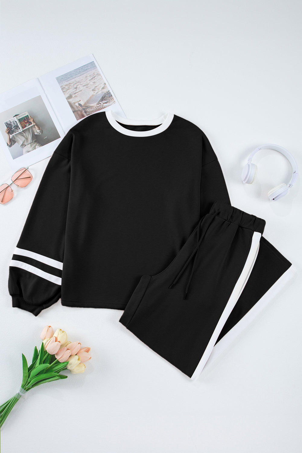 Trim Long Sleeve Pullover and Pants Set