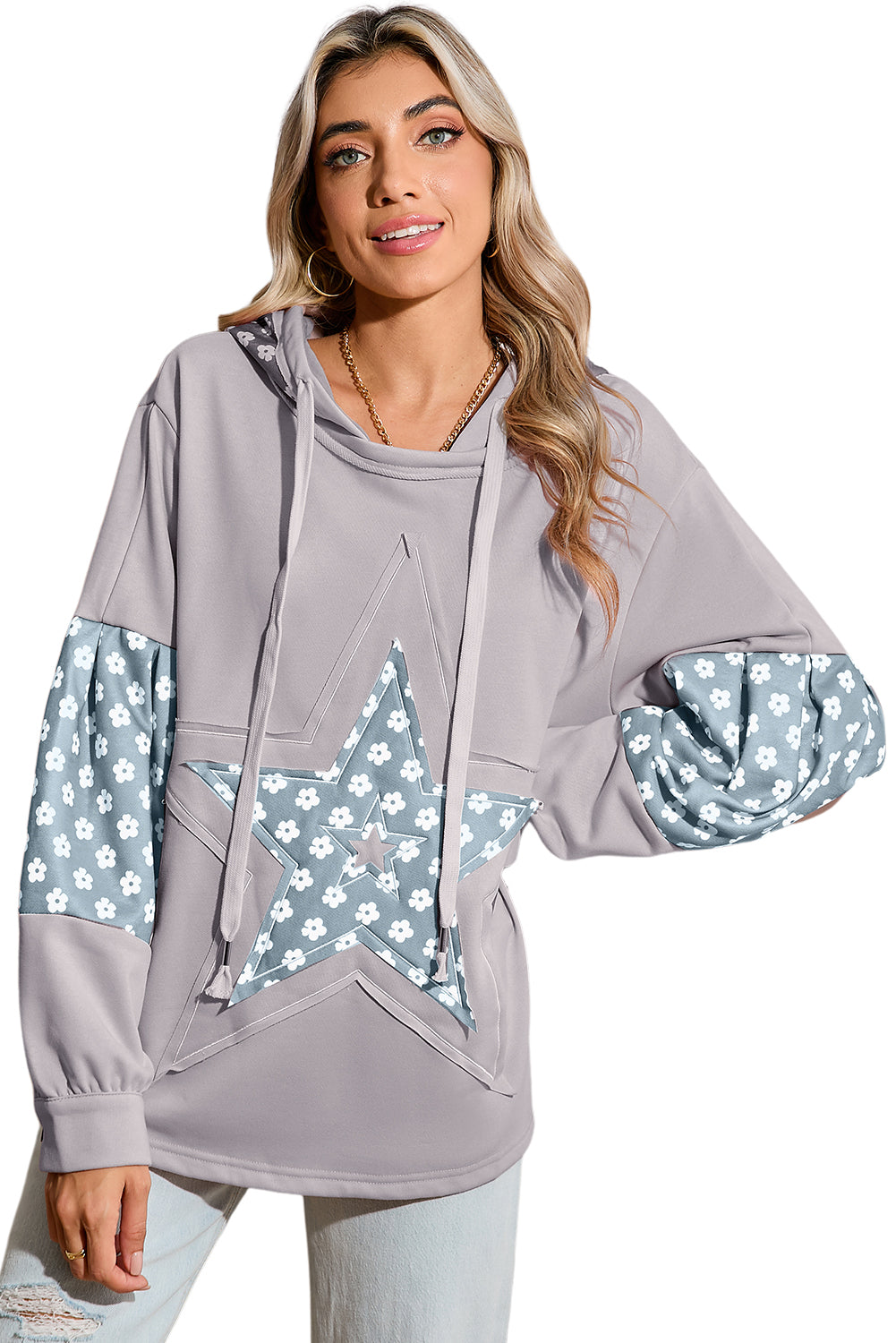 Alison, Floral Patchwork Star Pattern Drawstring Hoodie