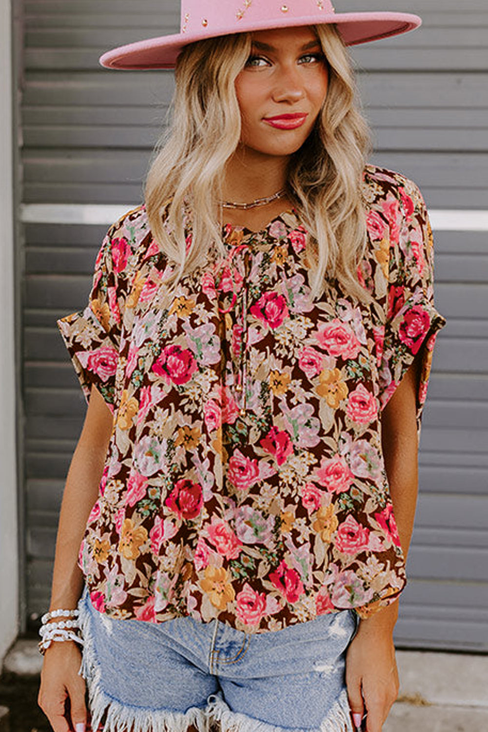 Kylie, Print Short Sleeve Boho Blouse