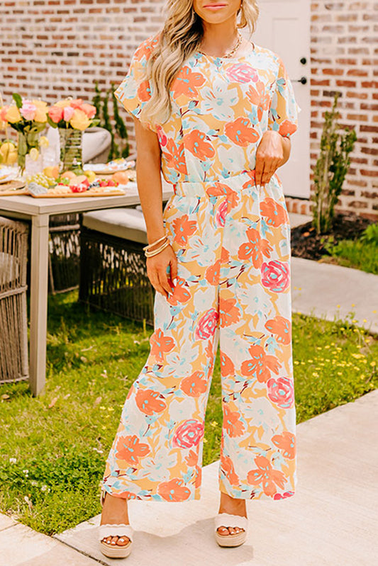 Morgan, Orange Vibrant Floral Print Blouse and Wide Leg Pants Set