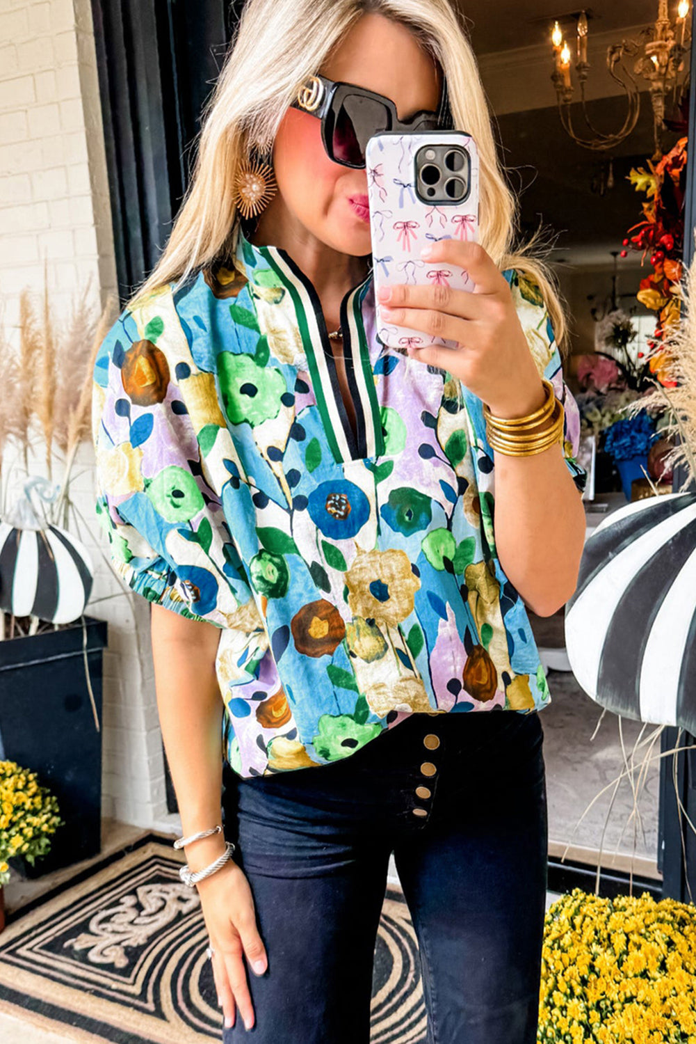 Courtney, V-Neck Floral Print Boho Blouse