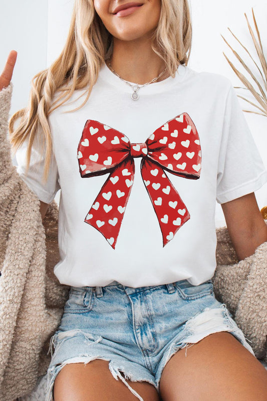 Heart Bow Printed Crewneck Valentines T Shirt