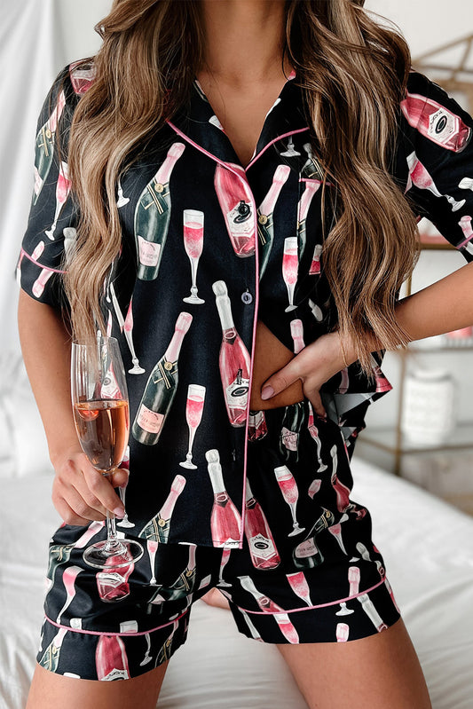 Party Time! Champagne Print Silky Short Sleeve Pajamas Set
