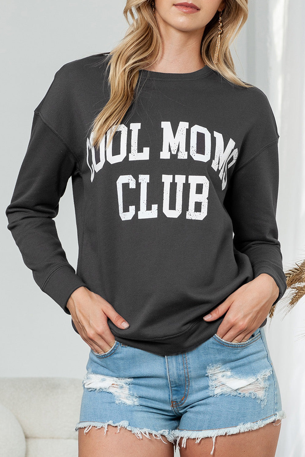 COOL MOMS CLUB Print Drop Shoulder Light Wash Sweatshirt