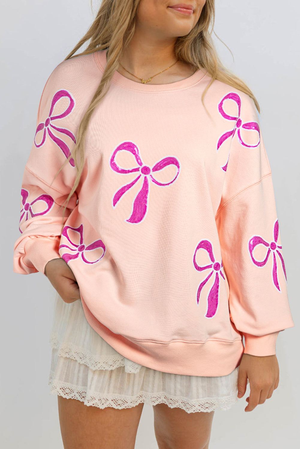 Sequin Bow Drop Shoulder Oversized Sweatshirt