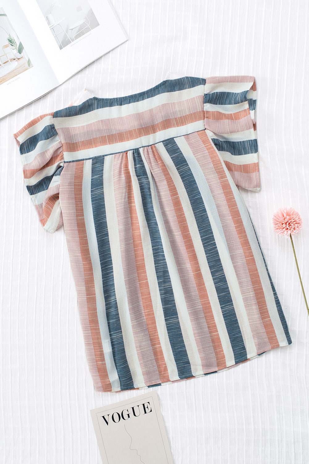 Erika, Pink and Blue Stripes Shirt Flutter Sleeve V Neck Blouse