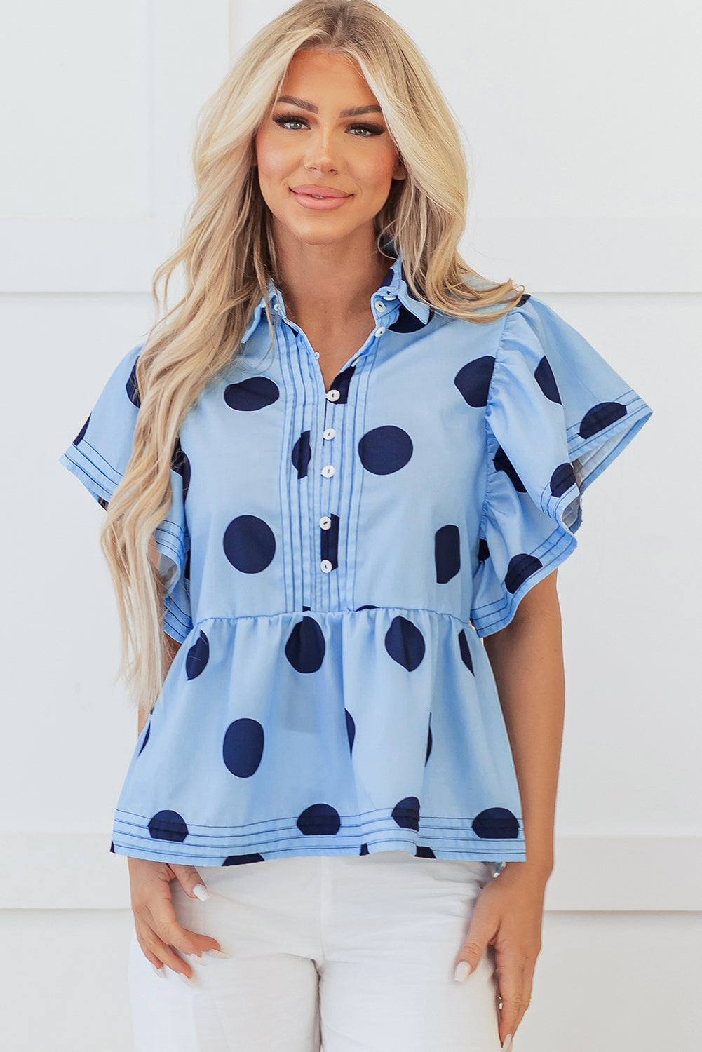 Taylor, Sky Blue Polka Dot Print Ruffled Short Sleeve Buttoned Collared Blouse