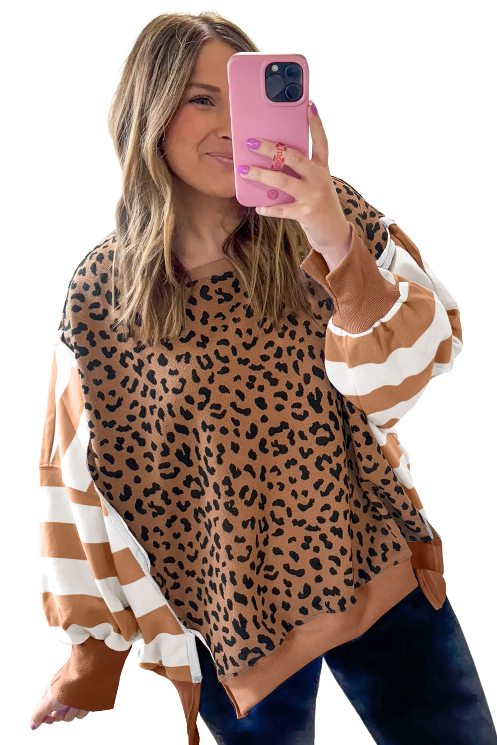 Striped Leopard Colorblock Side Slits Sweatshirt