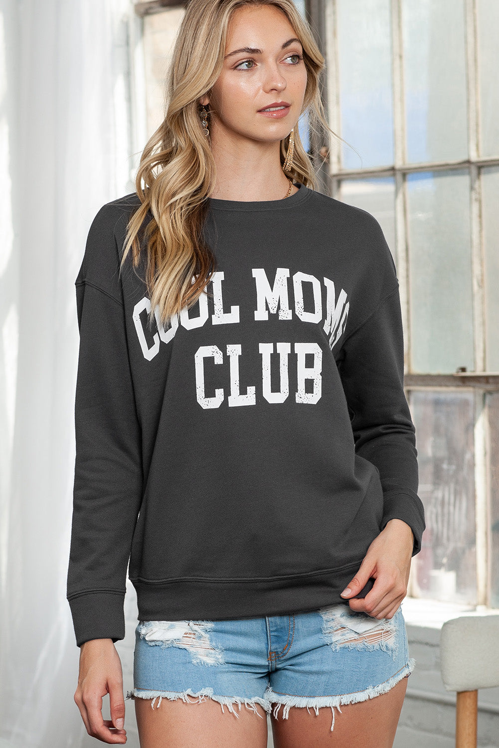 COOL MOMS CLUB Print Drop Shoulder Light Wash Sweatshirt