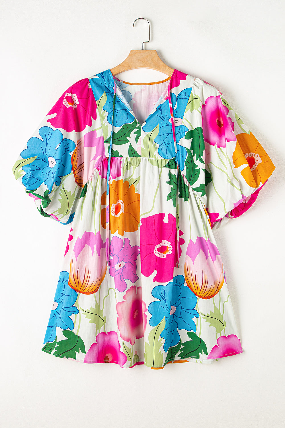 Londyn, Puff Sleeve Tied Split Neck Colorful Floral Flowy Dress