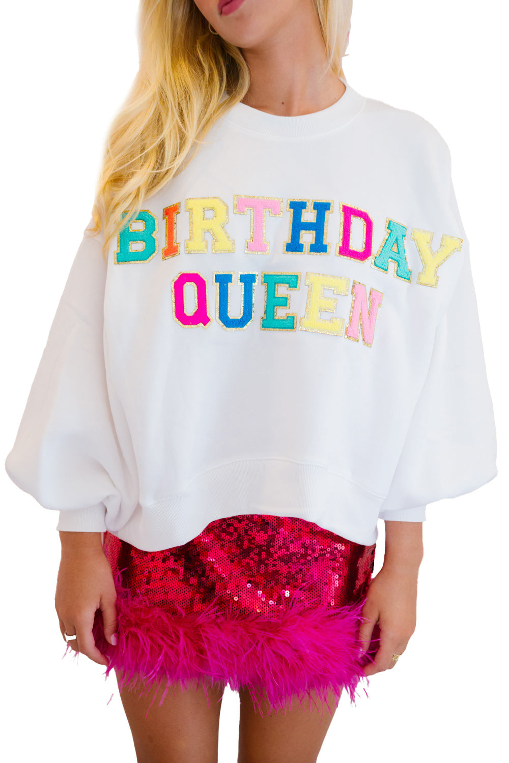 BIRTHDAY QUEEN Graphic Lantern Sleeve Sweatshirt